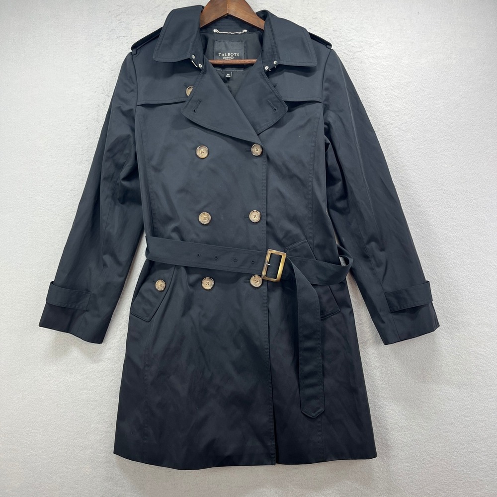 Talbots Trench Coat‎ Womens 12P Black Double Breasted Belted Classic Petite